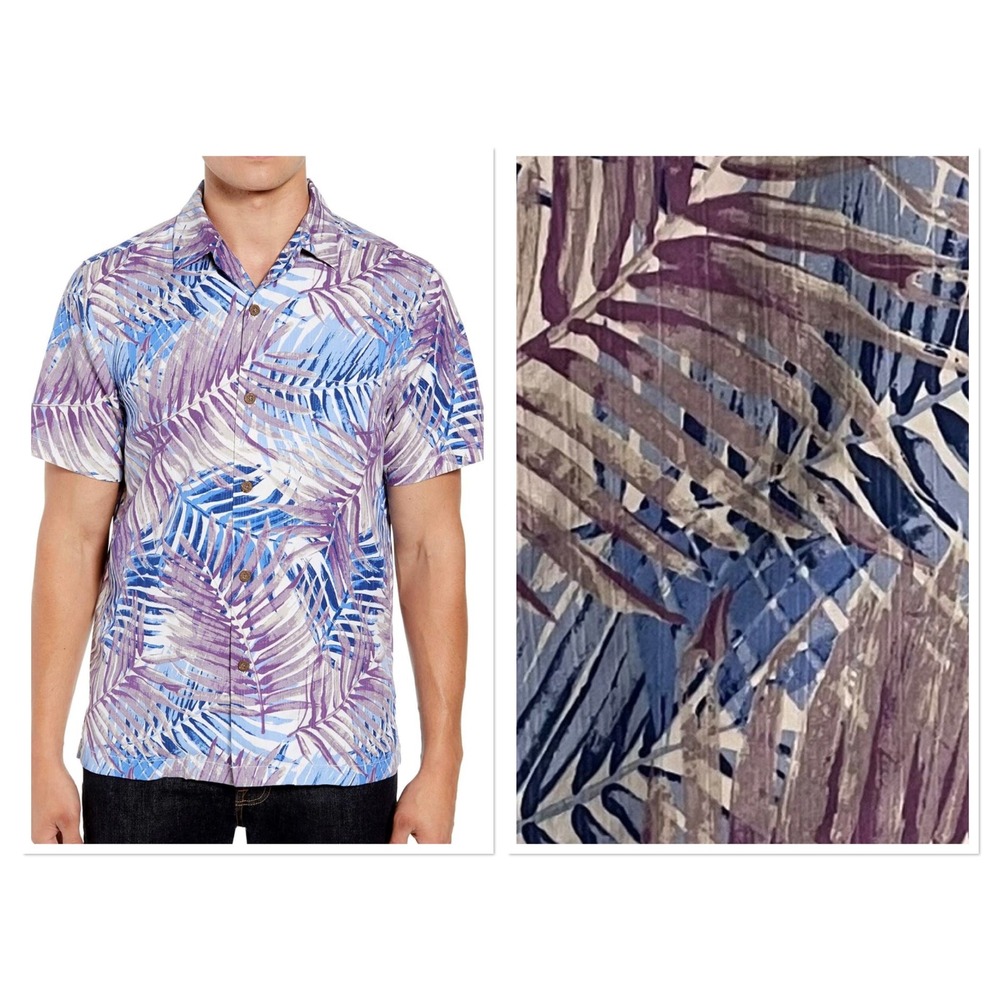 Tommy Bahama Mens XL Silk Blend Tropical Palm Leaf‎ Camp Shirt Blue Resortwear